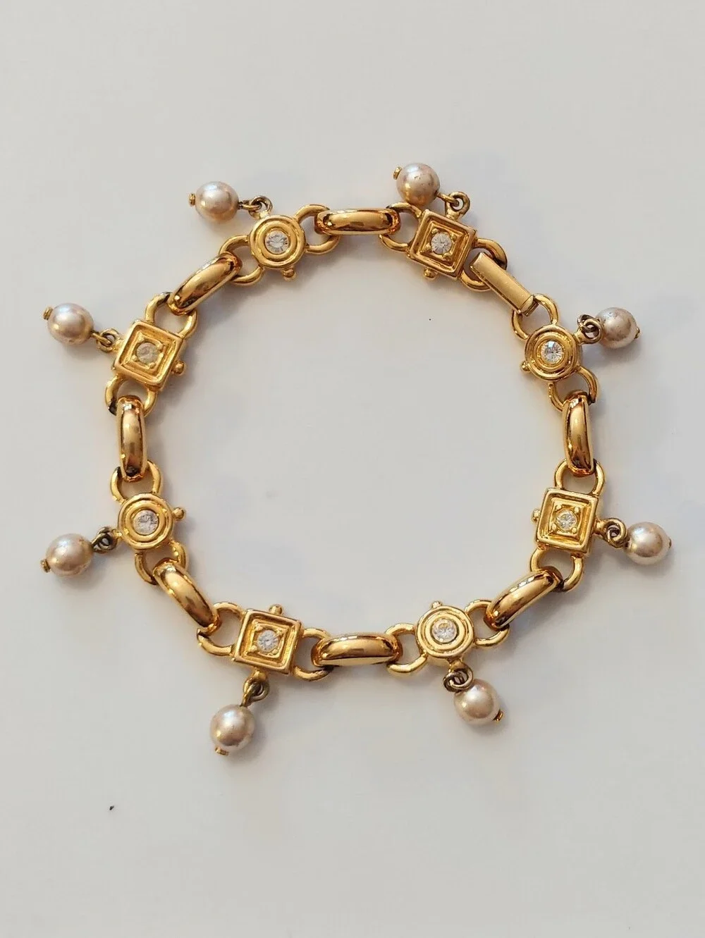 Vintage Joan Rivers Goldtone Faux Pearl and Rhinestone Link Bracelet